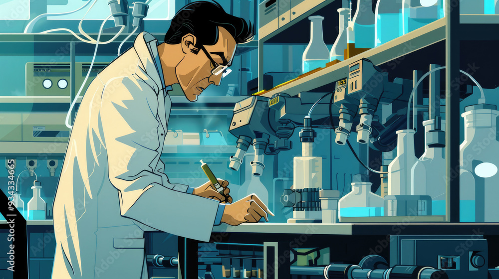 Poster a scientist takes notes while standing at a lab bench surrounded by various scientific instruments a