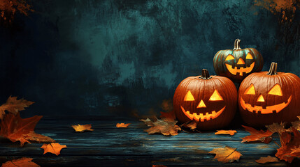 Halloween event background with charming upscale pumpkins. Premium illustration for banners, posters, greetings and Halloween celebrations, Generative AI.	
