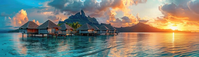 Obraz premium banner. Overwater bungalows at sunset over the ocean, palm trees in the background. exotic vacation and relaxation