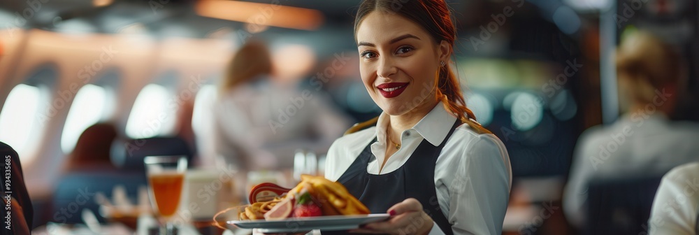 Poster a flight attendant smiles while serving a delicious meal to passengers in the airplane cabin during 