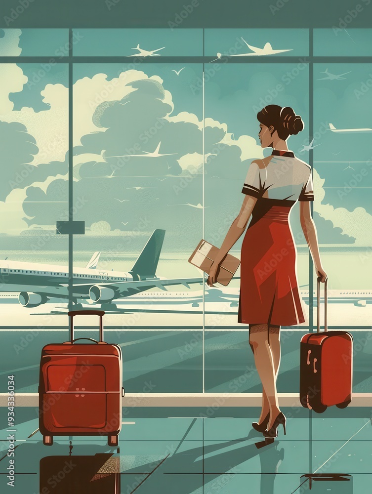 Poster a flight attendant stands by the airport window, observing airplanes while holding a suitcase and a 