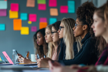 Diverse group of women attentively watching a presentation in a modern office with colorful sticky notes on the wall. Collaborative work environment and creativity concept.