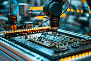 A robot is working on a circuit board