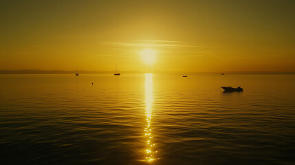 Fototapeta premium The sun setting over a calm ocean, with the reflective water mirroring the golden hues of the sky and a few distant boats and waves in silhouette