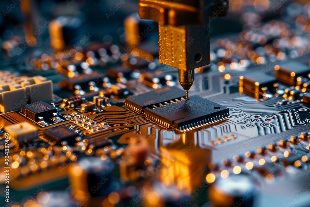 Poster a close up of a computer chip being soldered onto a circuit board