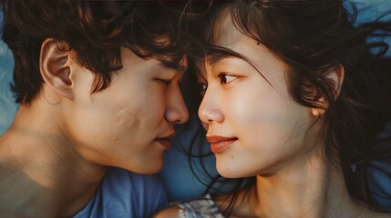 Fototapeta premium Asian man and woman looking at each other with their faces close together in intimate moment.