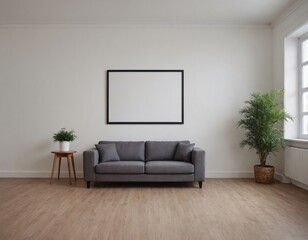 High-resolution interior image of the room with empty photo frame mockup on the front wall, a two-seater sofa on the wooden flooring interior design.
