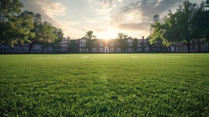 A grassy field with a brick building in the background. The sun is shining brightly, and the sky is a clear blue. There are trees on either side of the field.
