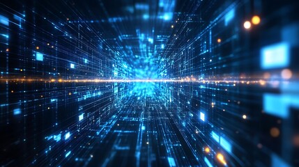 Fototapeta premium Abstract digital tunnel with glowing blue and orange lights.