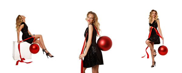 Photo set of young adult white blonde full body woman in little black dress with big red Christmas...
