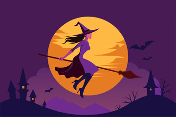 Vector illustration of witch character flying on a broomstick in front of full moon