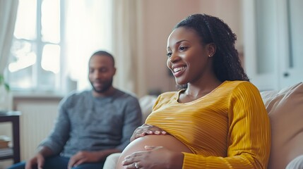 Pregnant woman smiling while holding her belly with partner in the background