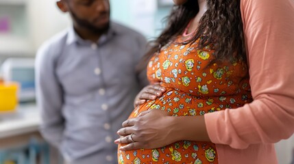 Pregnant woman smiling while holding her belly with partner in the background