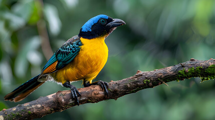 Naklejka premium Amazon Blue-crowned Trogon perched on a branch, its vibrant colors standing out against the green