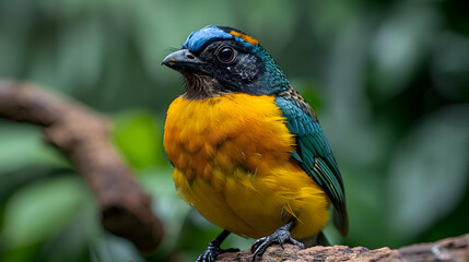 Obraz premium Amazon Blue-crowned Trogon perched on a branch, its vibrant colors standing out against the green