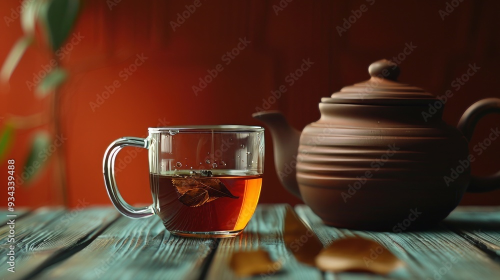 Wall mural clear glass cup with tea near brown ceramic teapot