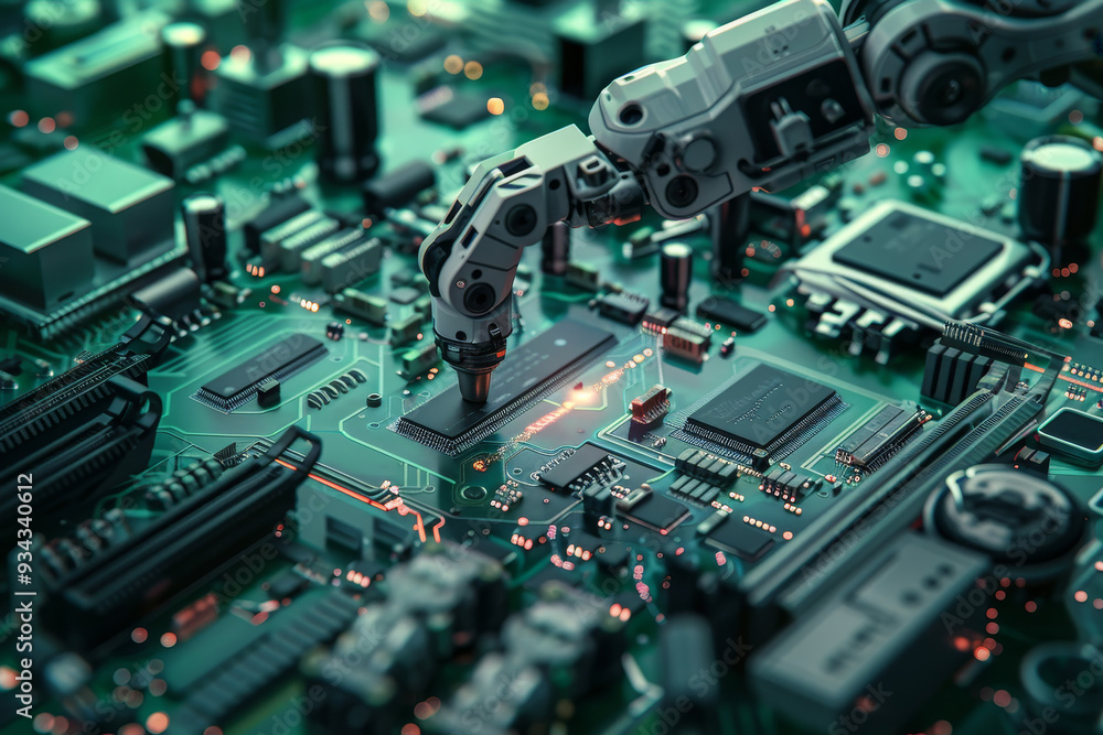 Poster a robot is working on a circuit board