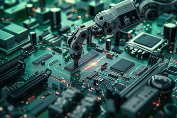 A robot is working on a circuit board