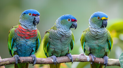 Obraz premium Amazon Blue-fronted Amazon Parrot perched on a branch, its vibrant colors standing out against the green