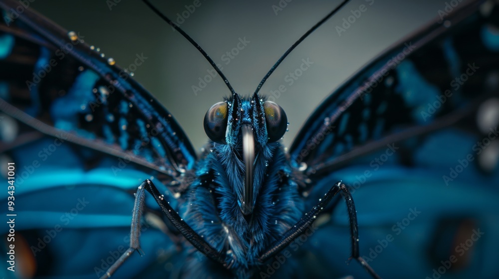 Wall mural blue and black butterfly in close up photography