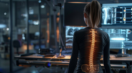 Fototapeta premium A woman is sitting in front of a computer monitor with a spine image on it