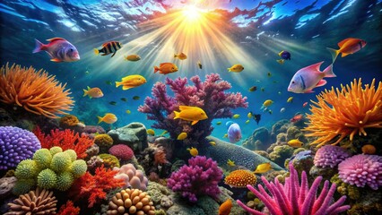 Vibrant coral reef ecosystem teeming with diverse marine life, colorful fish, and sea fans, set against a bright blue ocean backdrop with sunlight filtering down.