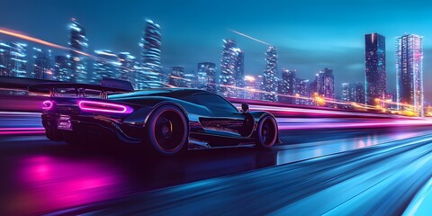 Futuristic sports car accelerating on an urban road with neon lights trailing