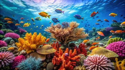 Vibrant coral reef teeming with marine life, swaying sea fans and schools of fish swim amidst crystal-clear turquoise water and sandy ocean floor.