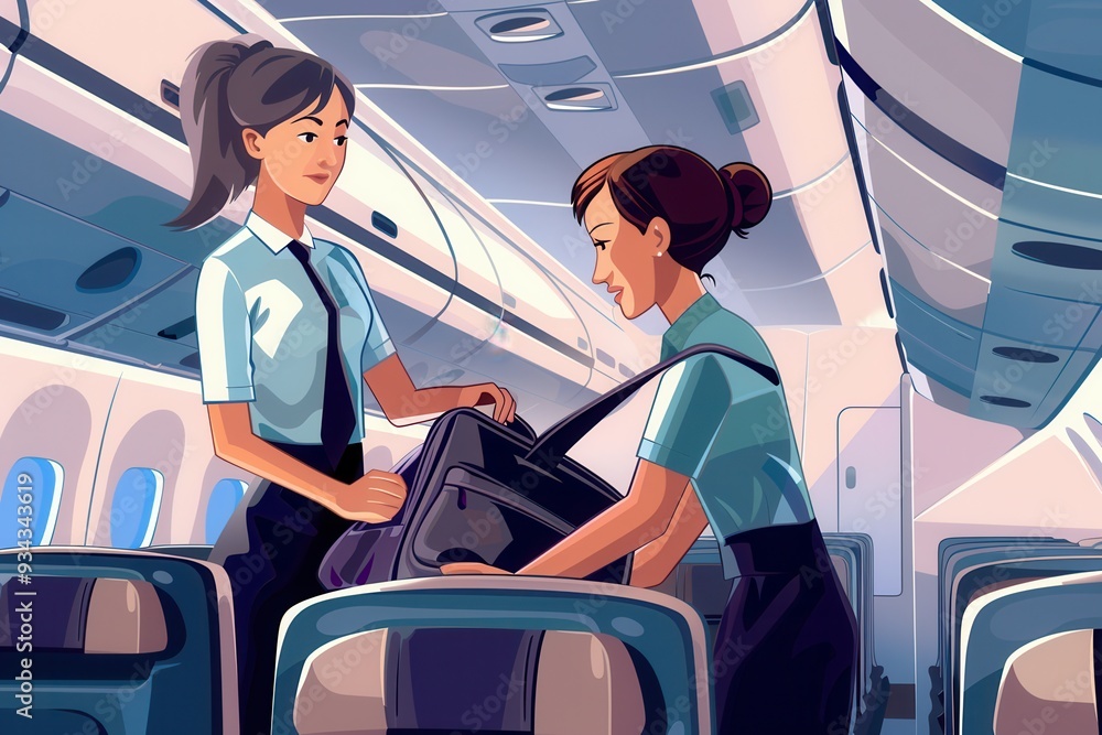 Poster Two flight attendants collaborate to store items in the aircraft cabin while preparing for the flight ahead, focusing on passenger needs. Generative AI