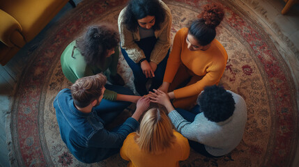 Overhead View of Support Group Holding Hands in a Circle on a Cozy Rug