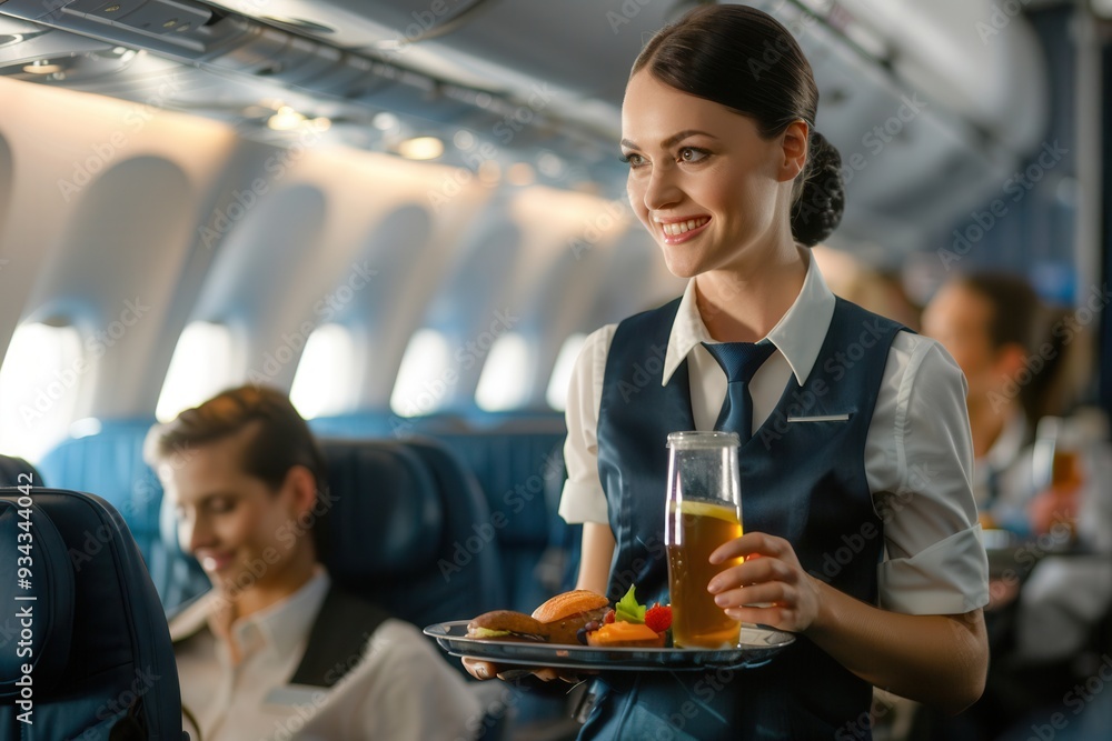 Aufkleber a flight attendant smiles while serving a tray of food and a drink to happy passengers seated on an 