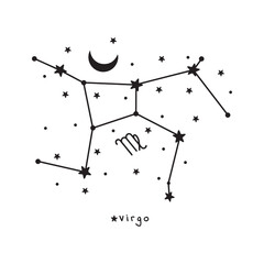 Virgo star constellation with stars and moon, on the white background, vector art © Edyta.artdiary