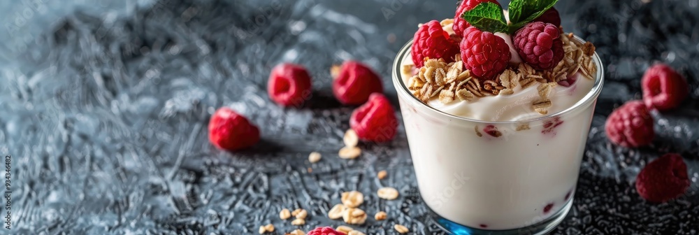 Wall mural Yogurt with raspberries served in a glass on a table, a healthy vegan breakfast choice paired with cereal. A container filled with vitamins, fruit, and dairy providing protein, ideal for weight