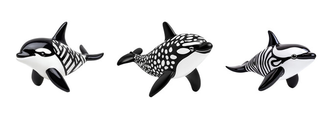 Set of three ceramic black and white patterned dolphin figurines isolated on a transparent background, perfect for marine decor