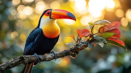 Obraz premium Beautiful Toucan Bird with Colorful Plumage Perched on Exotic Tree Branch, Glowing in Sunlight - High-Resolution Realistic Photography with Blurred Background