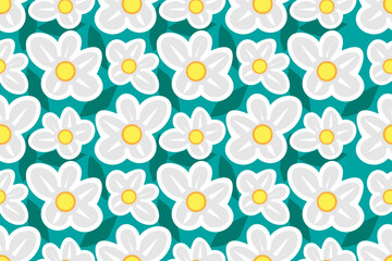 Cute and nice cartoon chamomile flower. Seamless vector pattern for design and decoration. 