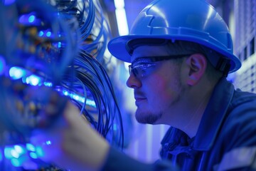 A technician works on high-tech machinery in a blue-lit server room. The focus is on cables and equipment. This image captures innovation in technology. Generative AI