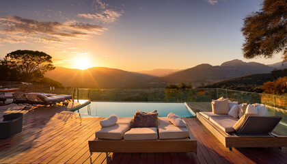 Modern, minimalist outdoor living space with a sleek infinity pool overlooking breathtaking mountain views.