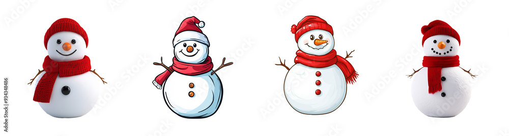 Poster A collection of adorable snowmen in red hats and scarves isolated on a transparent background, ideal for Christmas designs