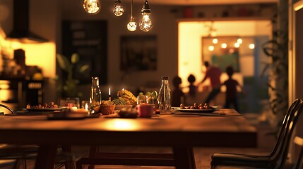 Warm dining area set for dinner with soft lighting and a view of guests in a welcoming home