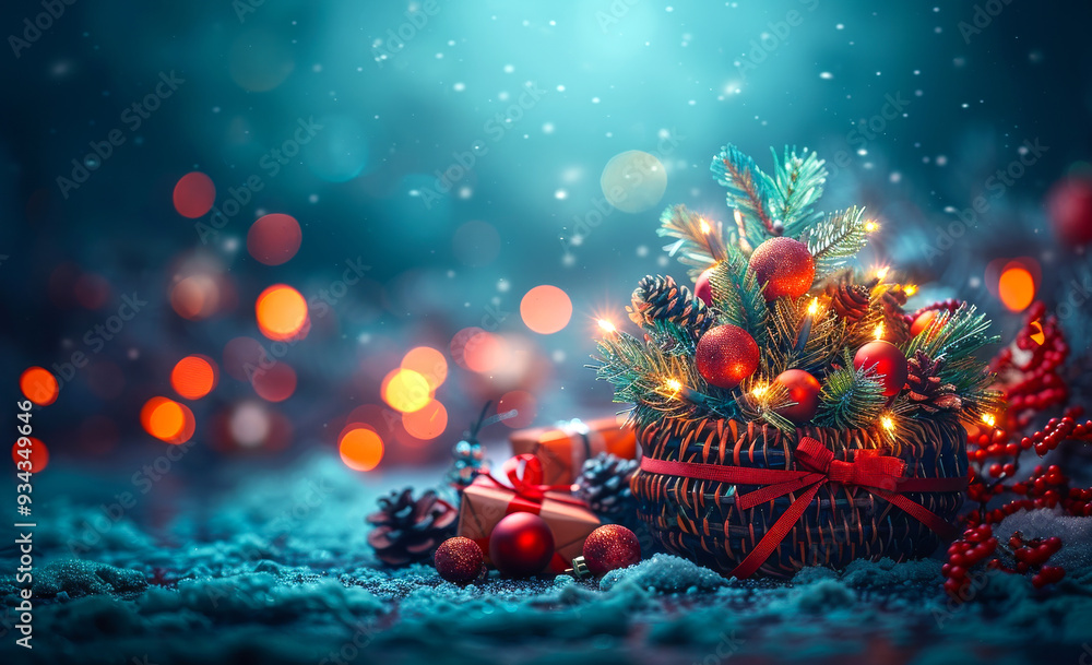 Poster a christmas tree is in a basket with red ribbons and surrounded by snow. the scene is lit up with li