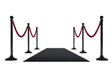 Empty catwalk with stanchions with black velvet ropes isolated on transparent background