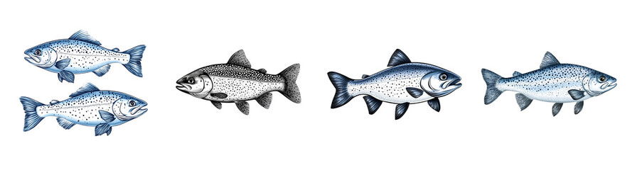 Obraz premium Collection of detailed, isolated fish illustrations on a transparent background, perfect for educational, environmental, and aquatic-themed projects