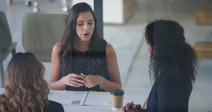 Start, documents or business people in meeting for sales report, agenda discussion or data analysis. Women, teamwork or manager talking, planning or speaking of group collaboration or paperwork