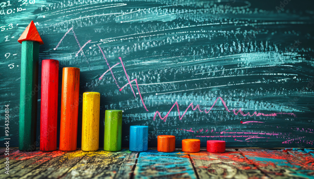 Poster a colorful wooden block with a green arrow pointing upward is on a chalkboard with a graph of number