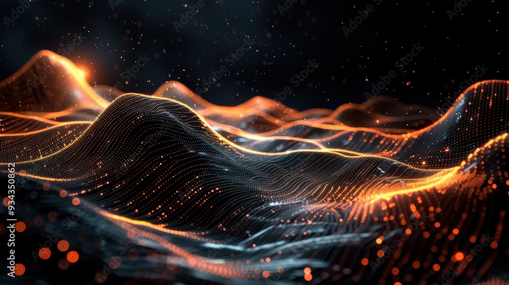 Poster Create a high-resolution abstract scene featuring a dark black background with wave-like patterns made from orange dots and lines on mountainous terrain, with a white background