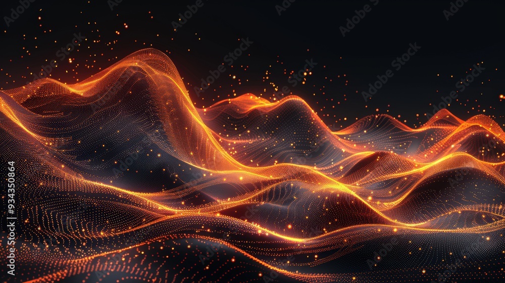 Poster Design a high-resolution abstract image with a dark black background and vibrant orange dots and lines creating a wave pattern on mountains, set against a white background