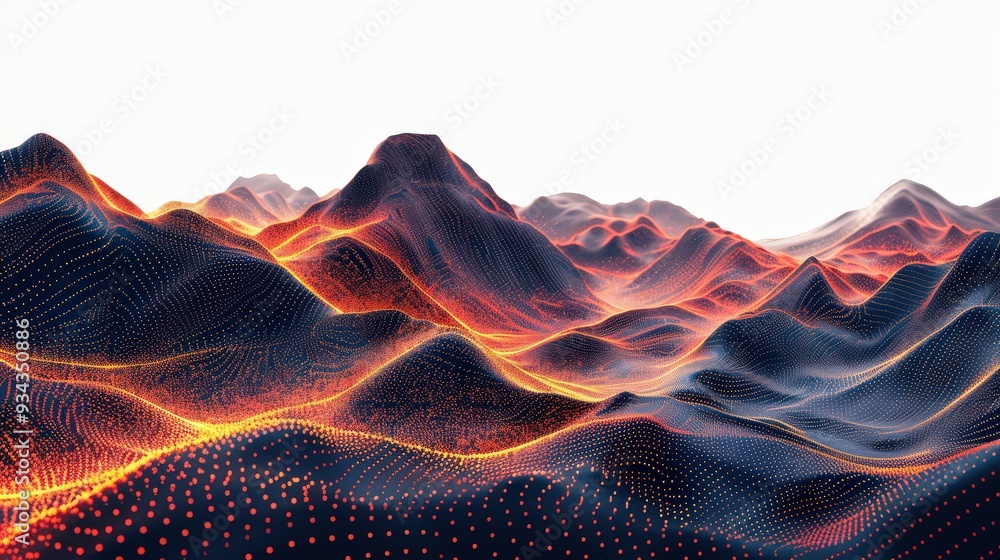 Poster Design a high-resolution abstract image with a dark black background and vibrant orange dots and lines creating a wave pattern on mountains, set against a white background