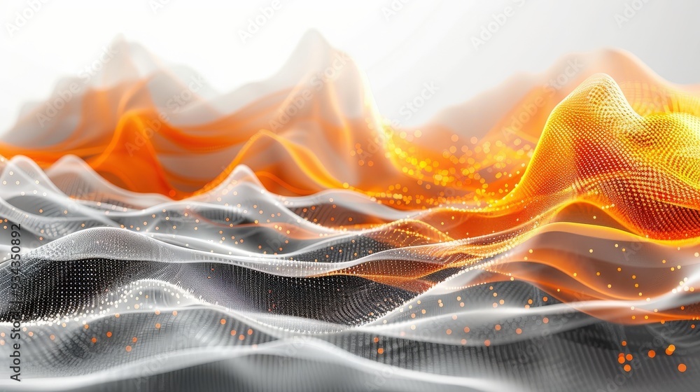 Poster Design a 3D abstract image with a black background and dynamic orange dots and lines forming a wave pattern on mountains, with a contrasting white background