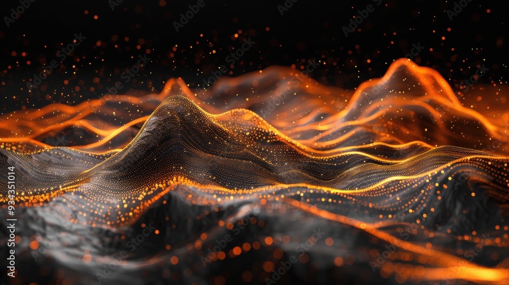 Poster Create a high-resolution abstract image with a black background, showing orange dots and lines forming wave patterns on mountains, with a white backdrop to highlight the details